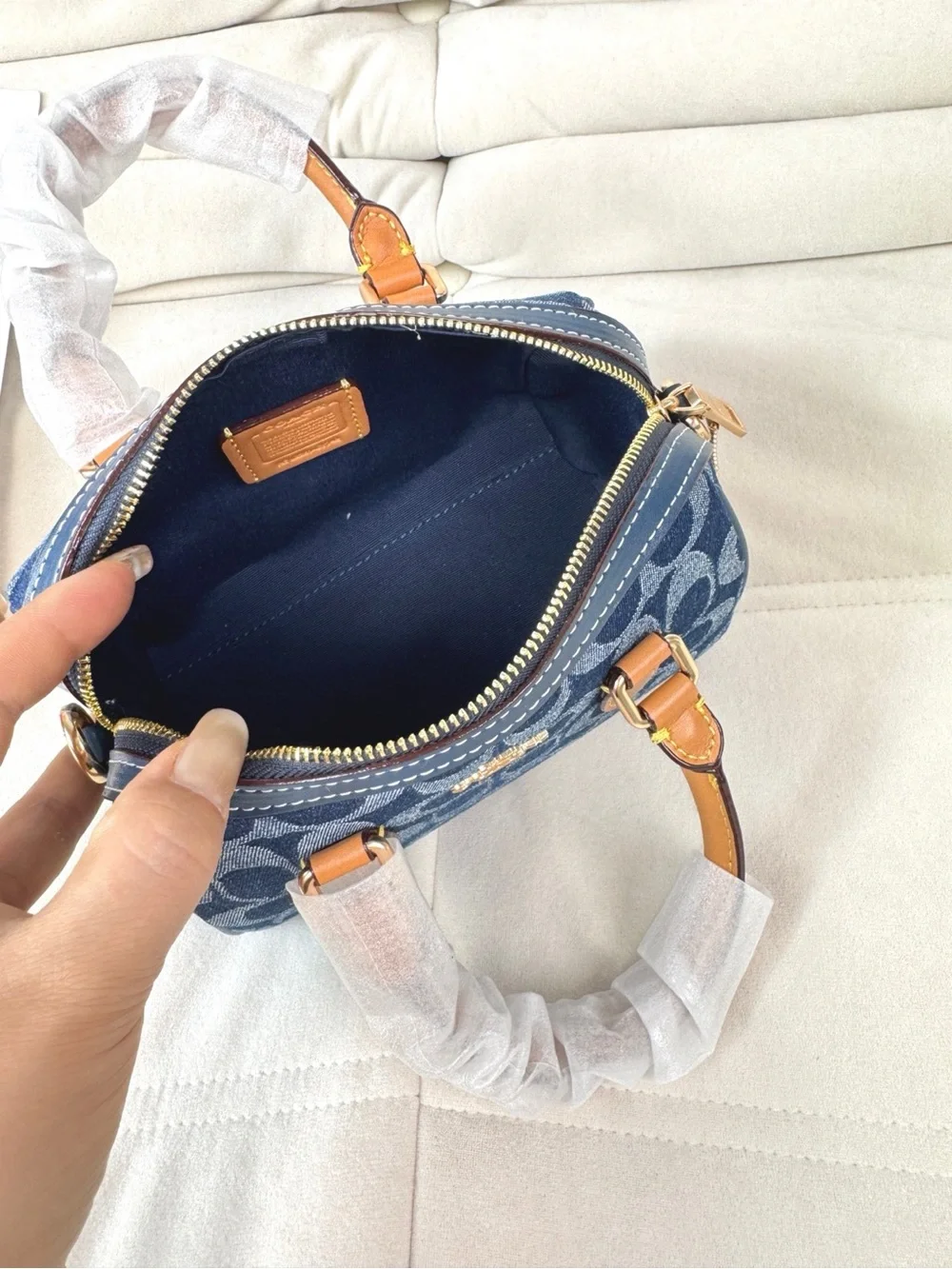 Coach Mini Satchel in Navy Signature Canvas with Tan Leather